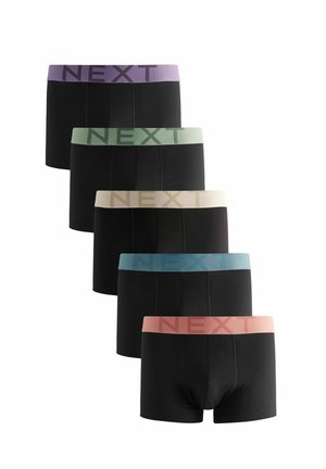 Schwarze Boxer-Shorts für Herren mit elastischen Taillenbündchen in verschiedenen Farben, die mit "NEXT" beschriftet sind. Die Farben umfassen Lavendel, Grün, Beige, Blau und Pink.
