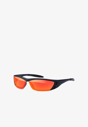 Black sunglasses with orange mirrored lenses. Aerodynamic design featuring a narrow frame and textured temples for grip. Lightweight material.