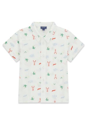 Camicia bianca a maniche corte con bottoni, decorata con piccole stampe colorate di aragoste, palme, nuvole e loghi "Guess".