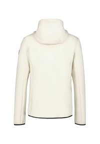 Witte waterdichte jas met een hoge kraag en verstelbare capuchon, met een gladde textuur, lange mouwen en zwarte accenten aan de onderrand en manchetten.