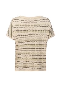 Beżowa bluzka z krótkimi rękawami, z teksturowanym wzorem w faliste paski w odcieniach zieleni i brązu. Lekki i przewiewny materiał.