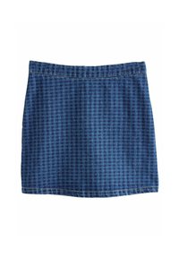 Jeans-Minirock mit strukturierter Passform, der ein dunkelblaues Karomuster und kontrastierende Nähte am Saum und Bund aufweist.