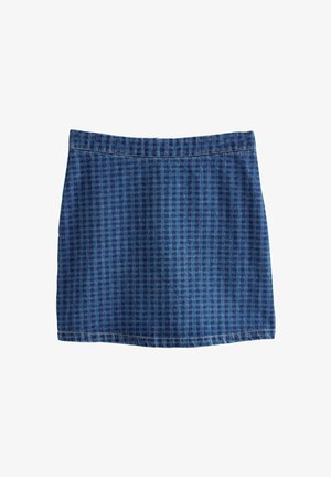 Dżinsowa mini spódnica o dopasowanym kroju, z ciemnoniebieskim wzorem w kratę i kontrastowym przeszyciem wzdłuż dołu i pasa.