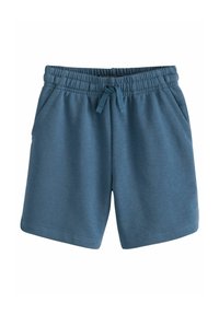 Niebieskie bawełniane szorty z elastycznym pasem, sznurkiem do regulacji i dwoma bocznymi kieszeniami. Gładka faktura i luźny fason.