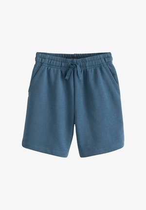 Sinised puuvillased lühikesed püksid elastse vöökohaga, nööriga ja kahe küljetaskuga. Sile tekstuur ja lõdvestunud lõige.