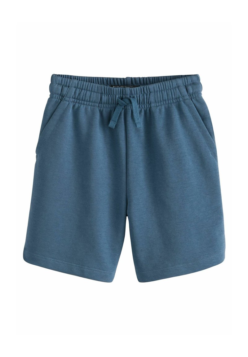 Niebieskie bawełniane szorty z elastycznym pasem, sznurkiem do regulacji i dwoma bocznymi kieszeniami. Gładka faktura i luźny fason.