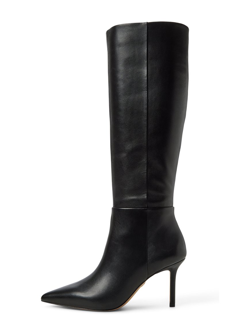 Stivali neri in pelle al ginocchio con punta affusolata e design elegante, dotati di tacco a stiletto e superficie liscia.
