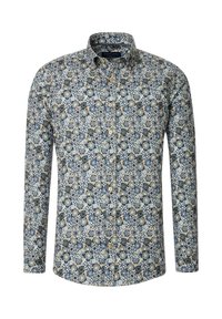 Long-sleeve shirt in light fabric featuring a multicolored floral pattern, blue and green tones, button-down collar, and a curved hem.