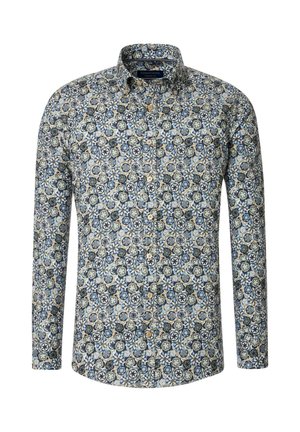 Langärmliges Hemd aus leichtem Stoff mit einem mehrfarbigen Blumenmuster in Blau- und Grüntönen, mit Button-Down-Kragen und abgerundetem Saum.