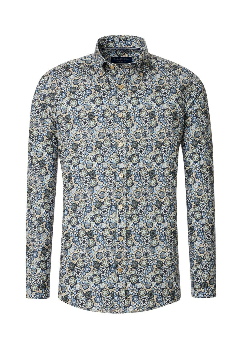 Long-sleeve shirt in light fabric featuring a multicolored floral pattern, blue and green tones, button-down collar, and a curved hem.
