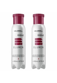 Two 200 mL white plastic bottles with maroon caps, labeled "Goldwell Elumen KK@all," feature bold text and a color application graphic.