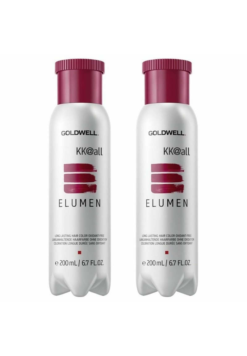 Two 200 mL white plastic bottles with maroon caps, labeled "Goldwell Elumen KK@all," feature bold text and a color application graphic.