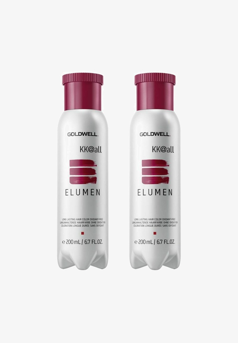 Two 200 mL white plastic bottles with maroon caps, labeled "Goldwell Elumen KK@all," feature bold text and a color application graphic.