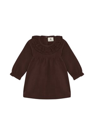 Vestito da neonato a manica lunga marrone scuro con colletto arricciato in pizzo, polsini elasticizzati, vita arricciata e chiusura con bottoni a pressione sul retro.