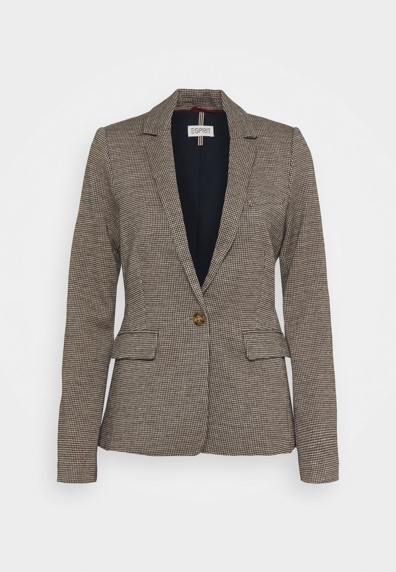 Blazer féminin marron et noir à carreaux, cintré, avec un seul bouton marron et deux poches avant à rabat.