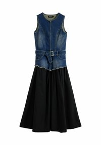 Denim dress with sleeveless top and black gathered skirt. Features a zip front, belted waist, frayed hem on the top, and two pockets.