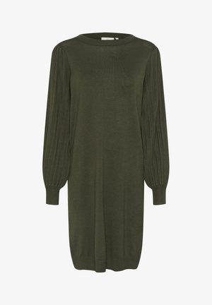 Tume roheline kudumisdress, millel on ümmargune kaelus, pikad volditud varrukad ja soonikkoes mansetid, lõdva sobivuse ja pehme tekstuuriga.