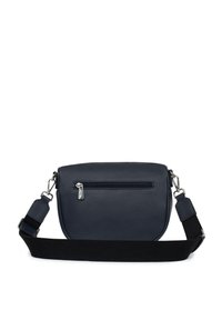 Borsa a tracolla blu navy realizzata in pelle liscia, con tasca frontale con zip e tracolla in tessuto regolabile. Design semplice e curvo.