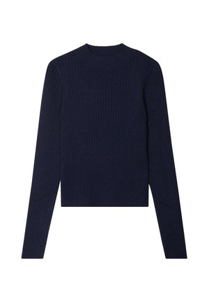 Navyblauwe geribde gebreide trui met lange mouwen en een ronde hals. Beschikt over een textuurpatroon door de stof. Verkorte lengte.