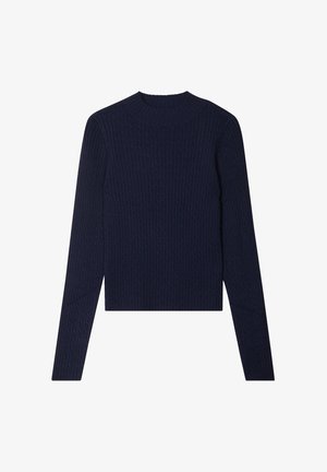 Maglione a coste blu navy con maniche lunghe e scollo rotondo. Presenta un motivo testurizzato su tutto il tessuto. Lunghezza cropped.