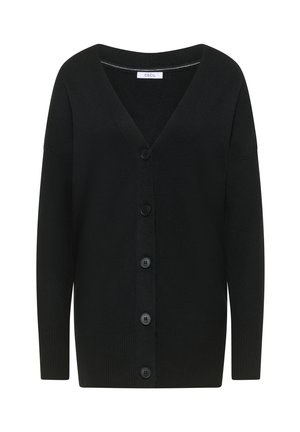 Cardigan noir avec col en V, manches longues et six boutons noirs sur le devant. Texture tricotée et ourlet côtelé pour plus de détails.