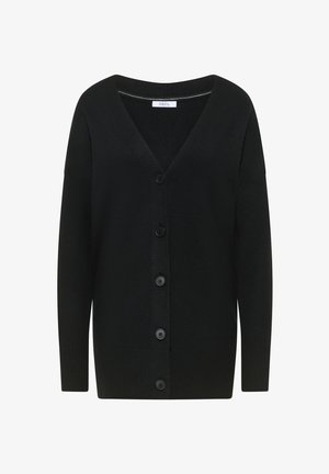 Cardigan noir avec col en V, manches longues et six boutons noirs sur le devant. Texture tricotée et ourlet côtelé pour plus de détails.