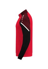 Red and black long-sleeve athletic jacket with geometric patterns on the shoulder, a zip collar, and a side pocket visible from the side.