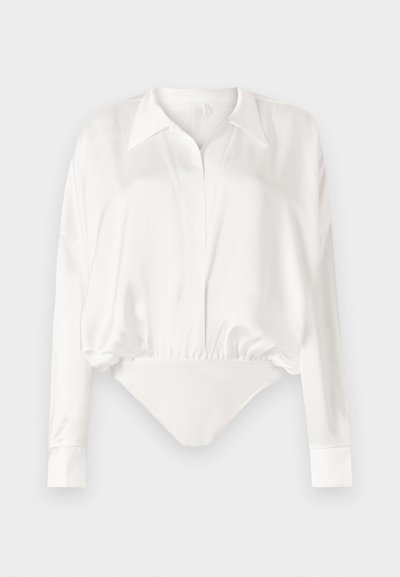 White long-sleeve bodysuit, featuring a collared neckline, elastic waist, and smooth satin-like finish with buttoned cuffs.
