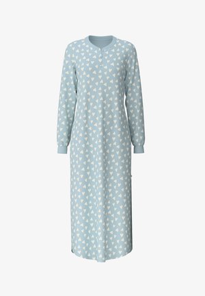 Lichtblauw nachthemd van zachte stof, met een wit hartpatroon, lange mouwen, een ronde halslijn en een knoopsluiting.