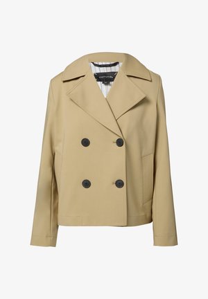 Beżowy płaszcz dwurzędowy z wyłogowym kołnierzem, czarnymi guzikami i żebrowanymi szczegółami po bokach. Podszewka w paski.