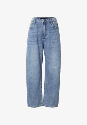 Modri visokopasni široki kavbojke iz jeansa s subtilnimi obrabljenimi detajli ter sprednjo zapiranjem na gumbe in zadrgo.