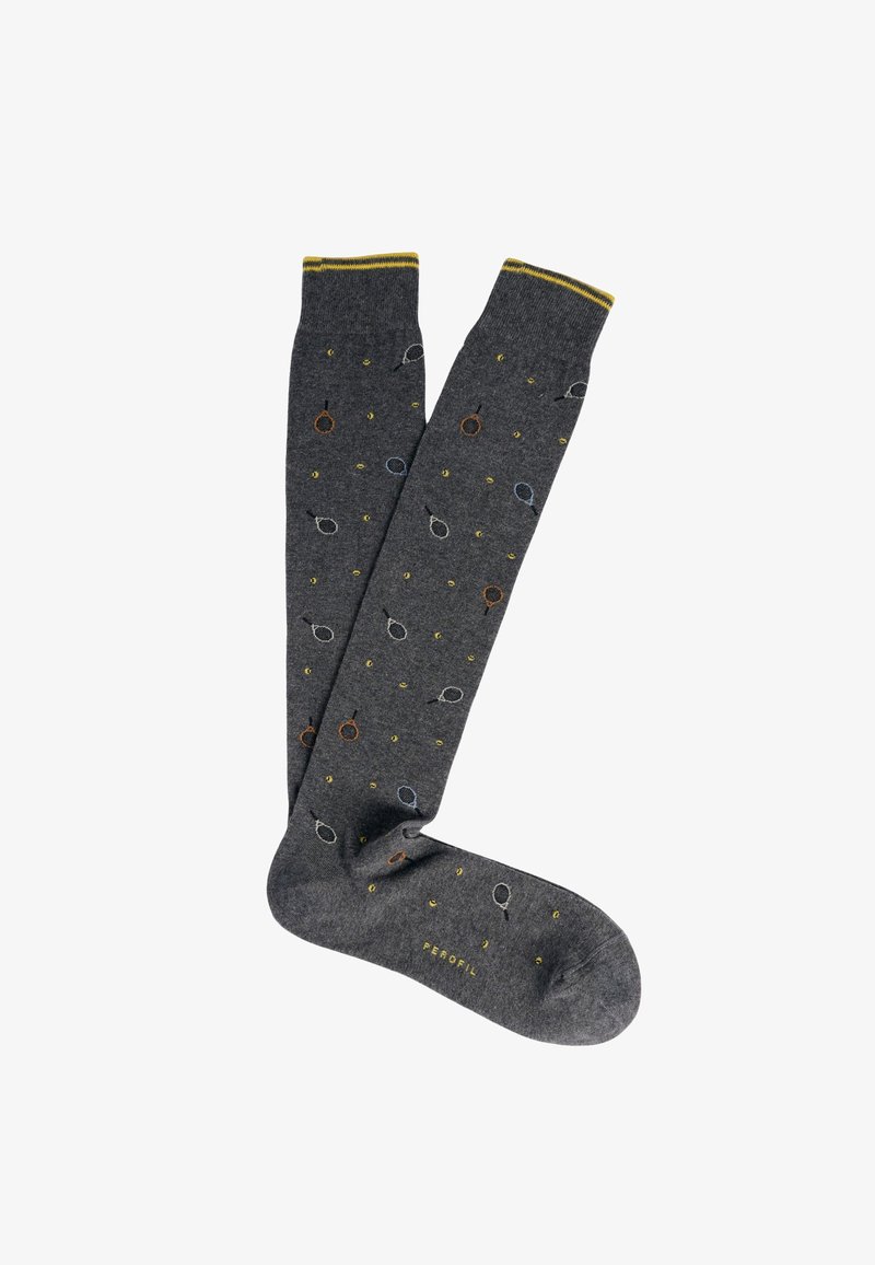 Calzini grigio scuro fino al ginocchio con motivi circolari multicolori e piccoli accenti decorativi. Cima a coste con dettaglio giallo a contrasto.