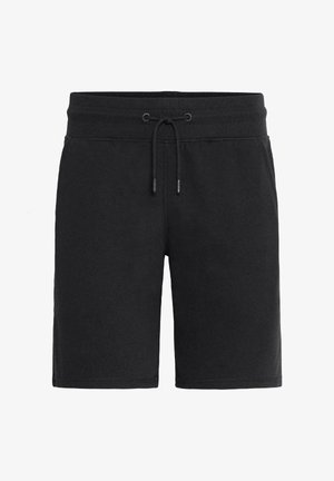 Black cotton shorts with an elastic waistband, adjustable drawstring, and a smooth texture. Minimalist design, no pockets or patterns.