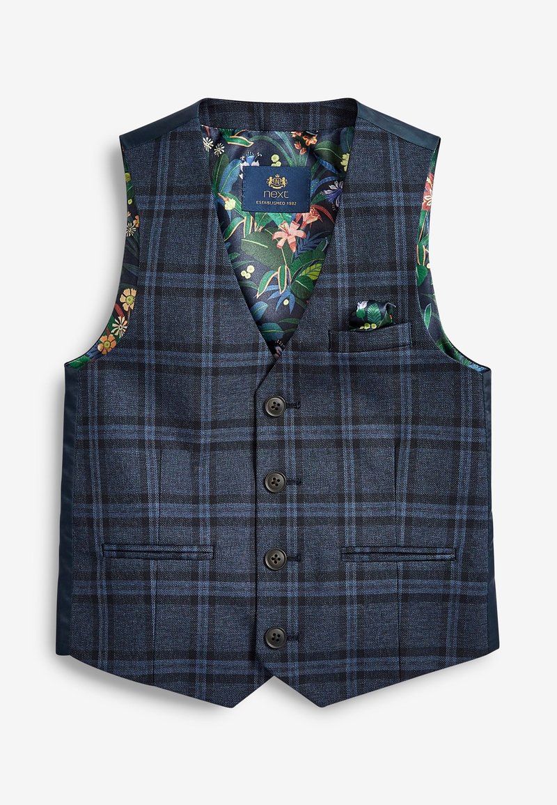Gilet à carreaux bleu marine avec des lignes bleu clair, doté de cinq boutons, de deux poches avant et d'une doublure intérieure à motif floral.