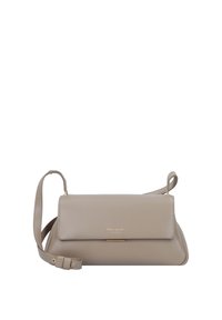 Tan leather handbag with a structured design, front flap, and adjustable shoulder strap. Features a gold-tone hardware accent.