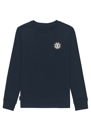 Granatowa koszula z długim rękawem z małym okrągłym logo na lewej piersi, przedstawiającym symbol drzewa i tekst "Earth Wind Fire" wokół niego.