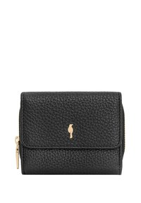 Czarny skórzany portfel o teksturowanym wykończeniu, z złotym akcentem logo i zamykaną na zamek kieszenią. Kompaktowy design z klapką z przodu.