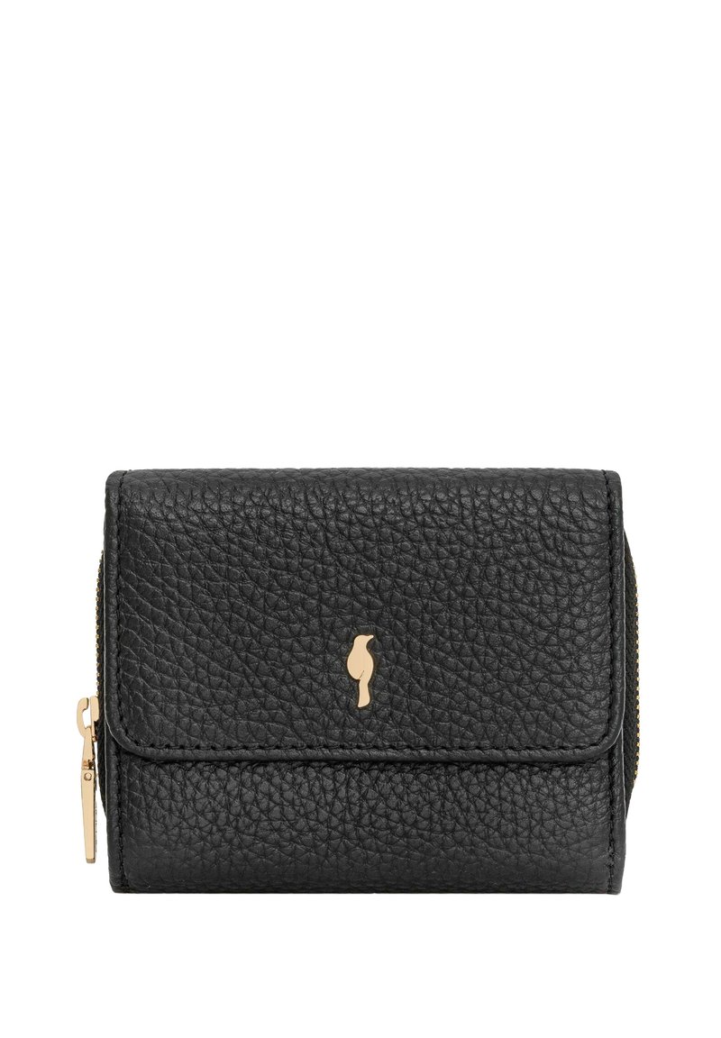 Czarny skórzany portfel o teksturowanym wykończeniu, z złotym akcentem logo i zamykaną na zamek kieszenią. Kompaktowy design z klapką z przodu.