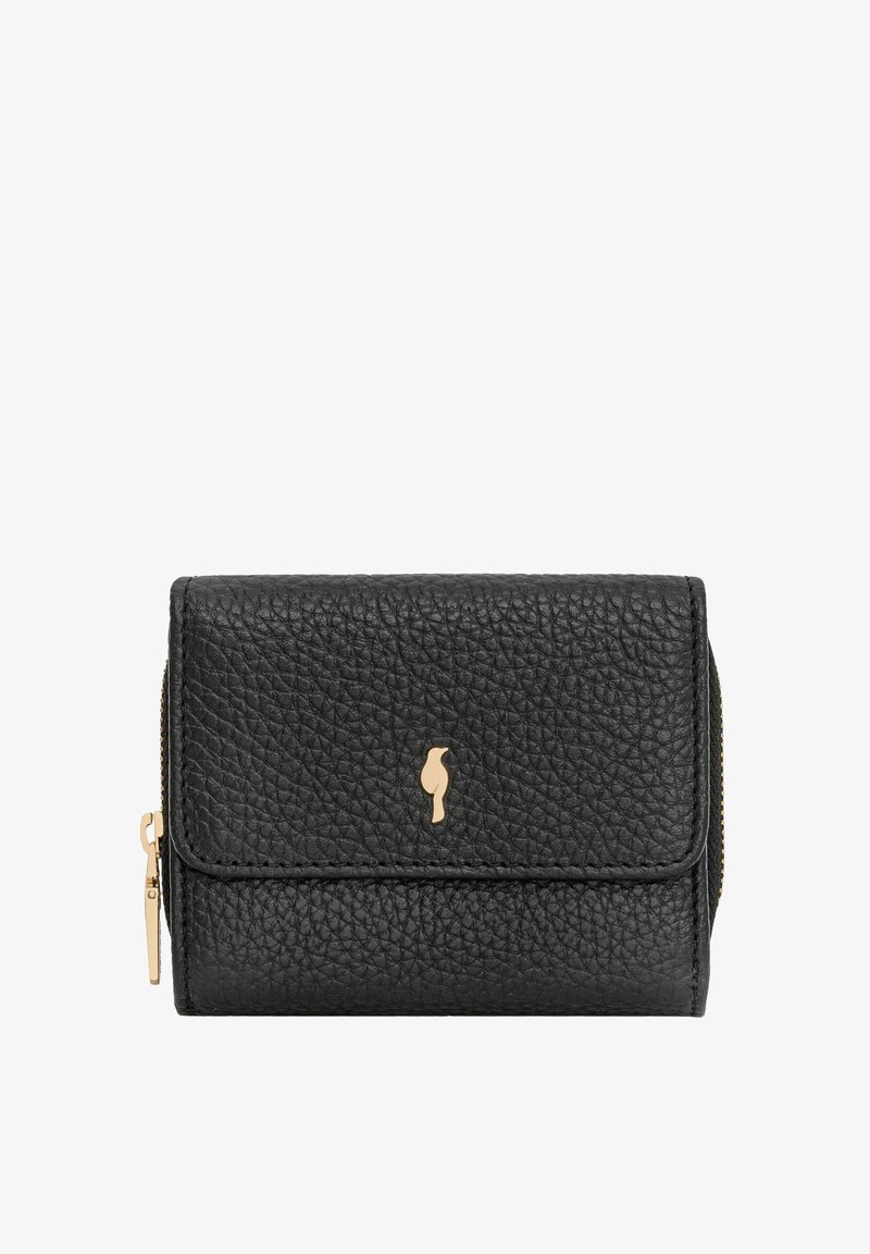 Czarny skórzany portfel o teksturowanym wykończeniu, z złotym akcentem logo i zamykaną na zamek kieszenią. Kompaktowy design z klapką z przodu.