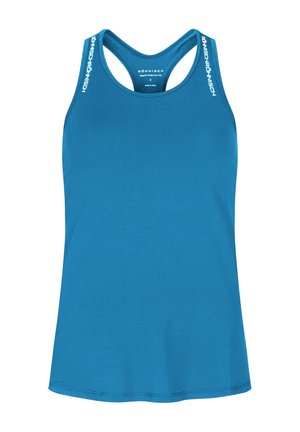 Blå atletisk tanktop med racerback og hvid tekst på skulderstropperne og glat stof.