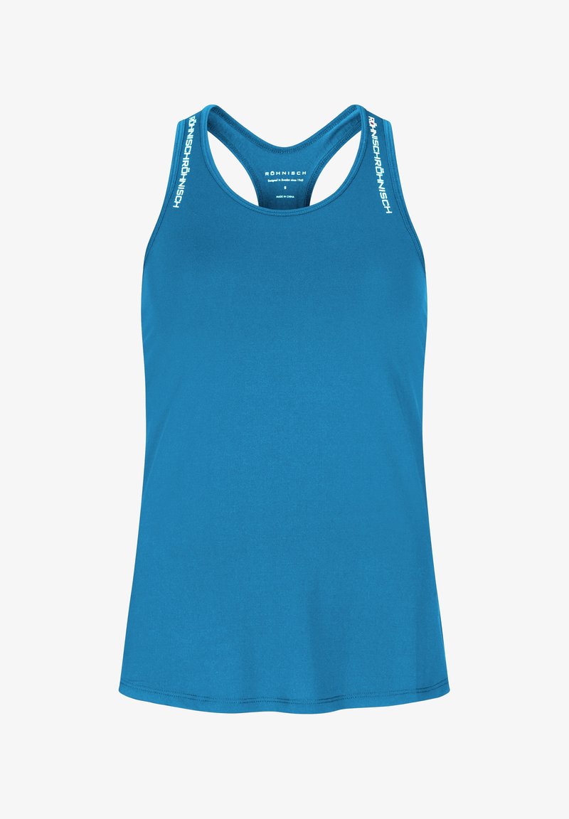 Débardeur de sport bleu dos nageur avec texte blanc sur les bretelles et tissu lisse.