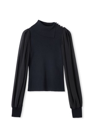 Black ribbed long-sleeve top with a high neckline and sheer puff sleeves. Features a folded collar and button accents at the shoulder.