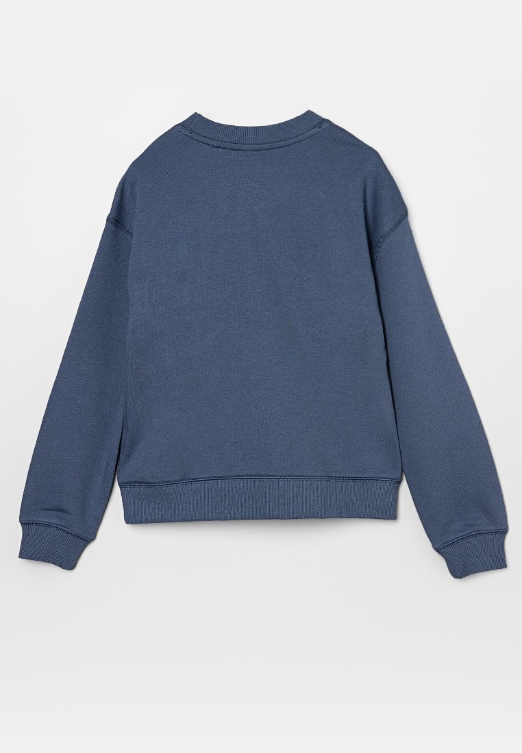 Sweatshirt à col rond bleu à manches longues vu de dos avec des bords côtelés et un ourlet, sur fond blanc uni.
