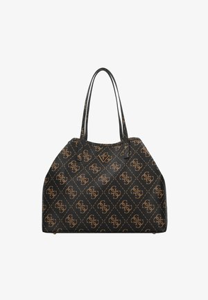 Borsa a spalla nera con motivo a monogramma marrone. Presenta due manici robusti e un accento a forma di triangolo con logo sul fronte. Superficie testurizzata.