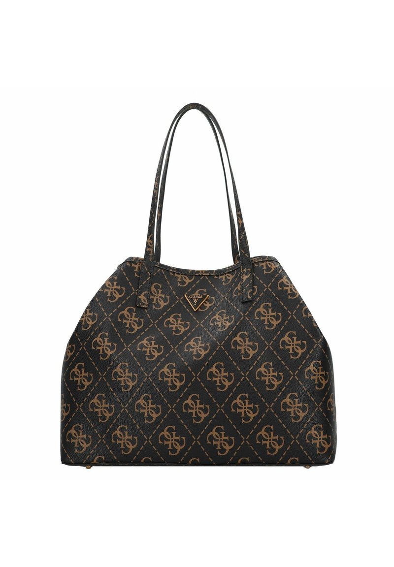 Borsa a spalla nera con motivo a monogramma marrone. Presenta due manici robusti e un accento a forma di triangolo con logo sul fronte. Superficie testurizzata.