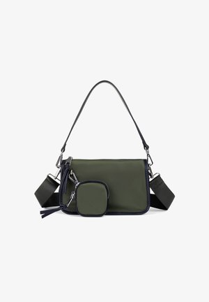 Sac à main rectangulaire vert avec bordure noire, bandoulière détachable et petite pochette à monnaie attachée, affiché sur fond blanc.