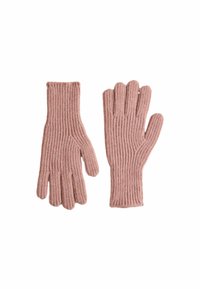Strikkede handsker i blød pink med ribbet tekstur og hele fingre. Handleddene er forlængede for ekstra varme og komfort.