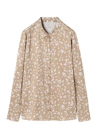 Beige overhemd met knopen, een wit abstract patroon, lange mouwen en een klassieke kraag, gemaakt van zachte stof.