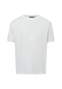 Weißes Baumwoll-T-Shirt mit Rundhalsausschnitt, kurzen Ärmeln und geradem Schnitt. Glatte Textur, keine sichtbaren Muster oder Akzente.