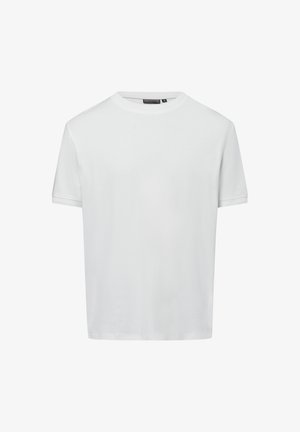 Weißes Baumwoll-T-Shirt mit Rundhalsausschnitt, kurzen Ärmeln und geradem Schnitt. Glatte Textur, keine sichtbaren Muster oder Akzente.